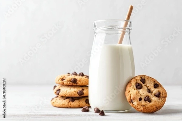 Obraz Delicious pairing of milk and chocolate chip cookies isolated on white background for snack time
