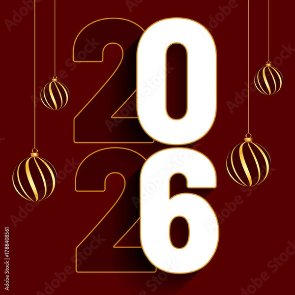 Fototapeta 2026 Happy New Year: Gold Numbers, Celebration Design, Festive Background, Golden 2026 happy new year clock and festive background