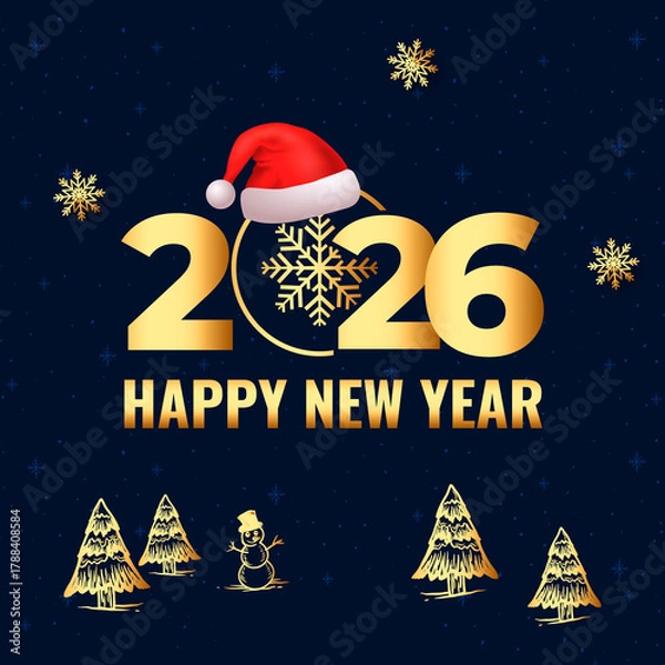 Fototapeta Happy new year 2026 text clipart design. Year of the horse new year greeting in gold text, calligraphy and typography clip art in green background vector illustration.  Gold Lettering Vector 