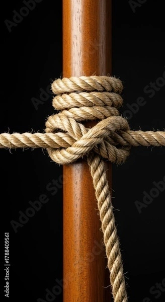 Fototapeta A length of thick natural fiber rope secured firmly around a smooth wooden pole with a complex nautical knot creating strong tension, difficulty, weathered, tight
