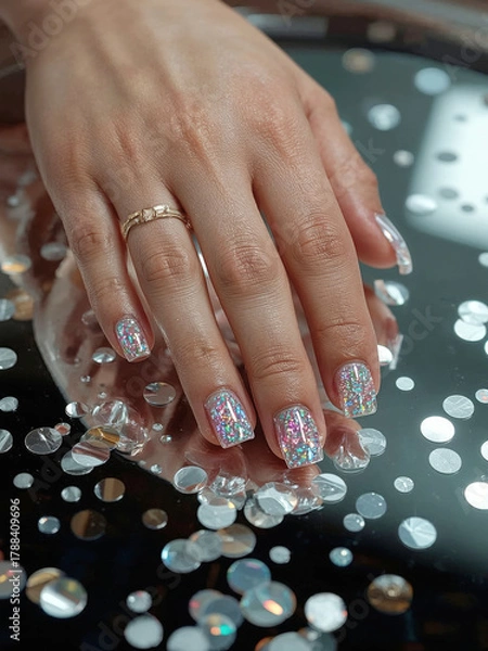 Obraz Sparkling nail art display with glitter accents on a reflective surface