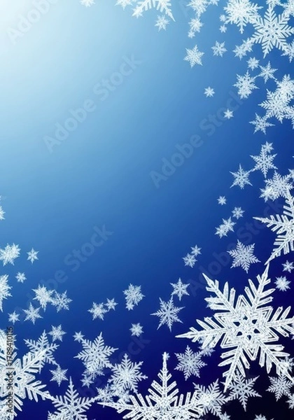 Fototapeta Detailed, geometric white snowflakes falling on a cold, sparkling blue background perfect for winter holiday greeting cards and festive decorations, frost, greeting, decoration