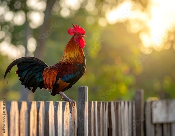 Fototapeta Rooster on a rustic fence at sunrise