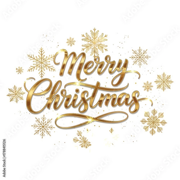 Obraz Elegant golden "Merry Christmas" script typography surrounded by shimmering gold snowflakes and sparkles.