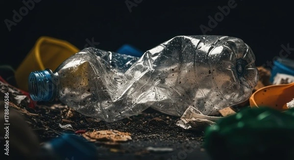 Fototapeta A dirty, crumpled plastic bottle lying among trash and debris, symbolizing environmental waste and pollution issues globally and the need for recycling, contamination, material, sustainability
