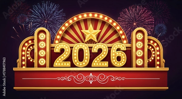Fototapeta Bright 2026 marquee celebrates new year with fireworks