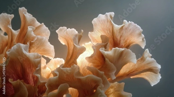 Fototapeta Abstract floral arrangement with soft peach and ivory petals against a muted backdrop