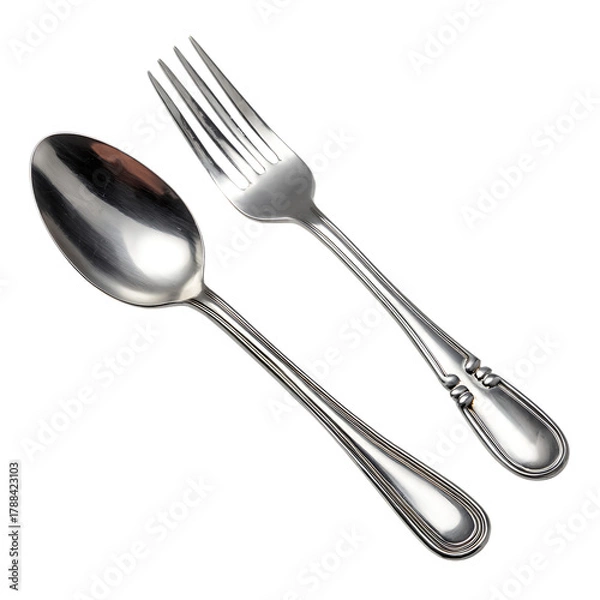 Fototapeta Silver spoon and fork isolated on transparent background, a classic table setting