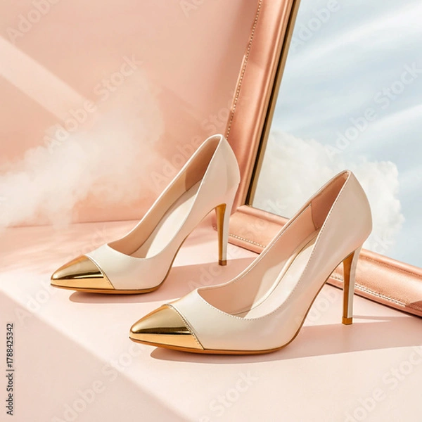 Fototapeta Elegant Beige And Gold High Heels Against Pastel Pink Background With Mirror