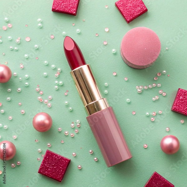 Fototapeta Luxury Red Lipstick Surrounded By Sparkling Glitter And Pink Decorations