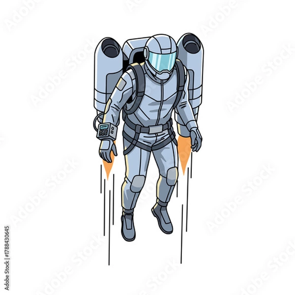 Fototapeta Futuristic astronaut flying with personal jetpack in urban setting  