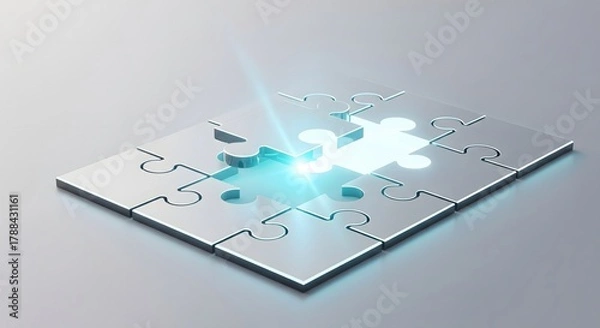 Fototapeta Shiny metallic puzzle with a glowing missing piece about to complete the solution, representing strategy, innovation, and teamwork.