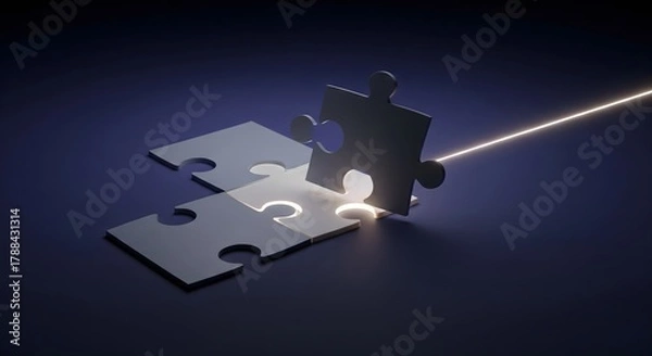 Fototapeta Abstract 3D rendering of three puzzle pieces connecting, creating a glowing light beam on a dark purple and blue background, symbolizing solution and success.