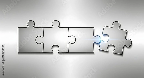Fototapeta Four silver puzzle pieces connecting on a gray metallic background, symbolizing solution, strategy, and partnership completion.