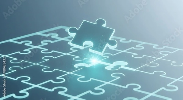 Fototapeta The final puzzle piece descends into the glowing grid, representing a complete business solution or strategy.