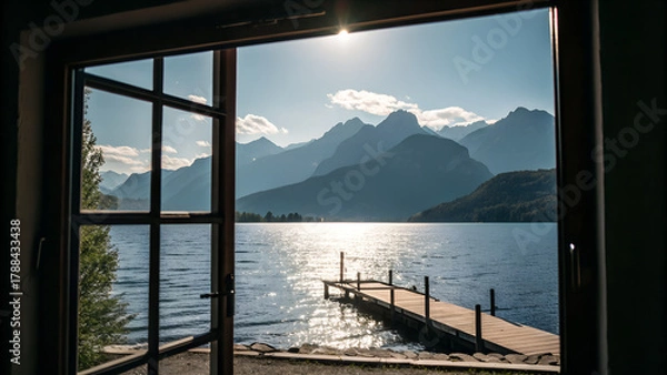 Fototapeta view of lake and mountains and dock sunny through the silhouette of a window
