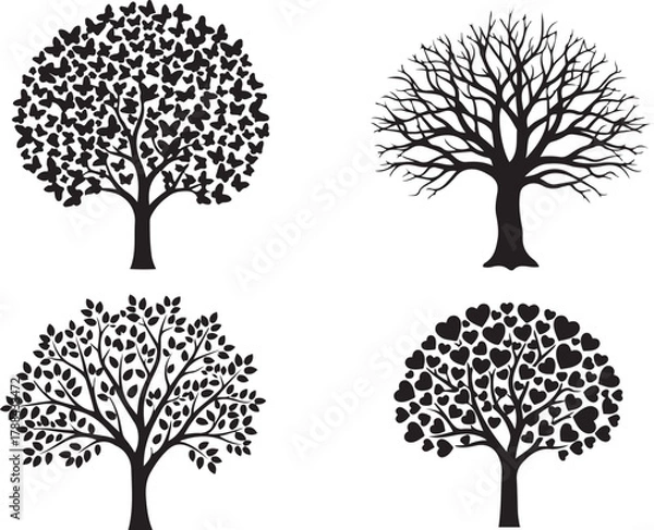 Fototapeta Four Black Silhouette Trees With Different Foliage Designs On White Keywords: tree, silhouette, black, white