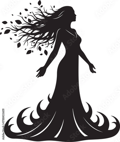 Fototapeta Silhouette of a woman with hair transforming into leaves and branches female