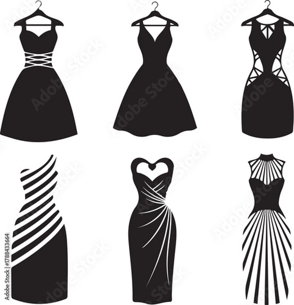 Fototapeta Six black silhouette outlines of designer dresses on hangers on white background women