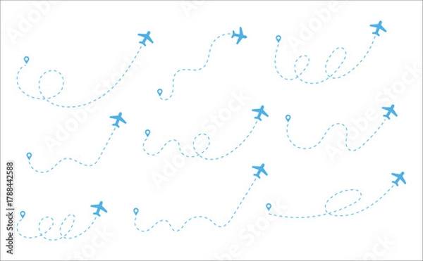 Fototapeta Airplane Travel Route Dashed Line and Pin Set