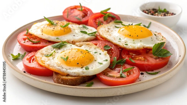 Fototapeta Healthy lunch with fried eggs and tomatoes slices 
