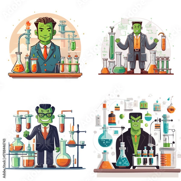 Obraz Retro Mad Scientist Monster Lab Cartoon Set, Halloween Science Experiment Vector Pack