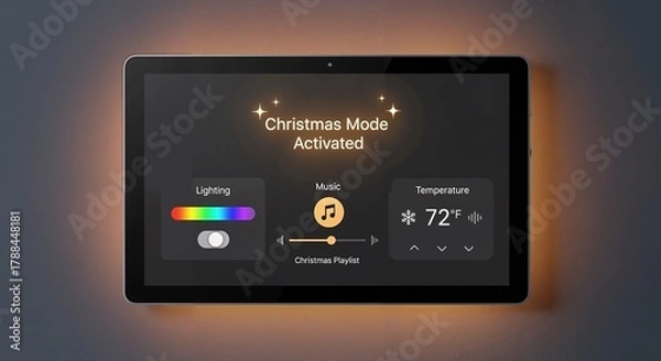 Fototapeta  Dark mode smart home tablet showing "Christmas Mode Activated" interface with lighting, music, and temperature controls on a dark background.
