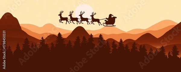Obraz santa's silhouette flight over a mountainous winter landscape with pine trees and a full moon