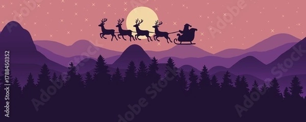 Obraz santa's silhouette flight over a winter forest landscape at dusk