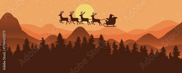 Obraz santa's silhouette sleigh ride over a forested mountain range at sunset
