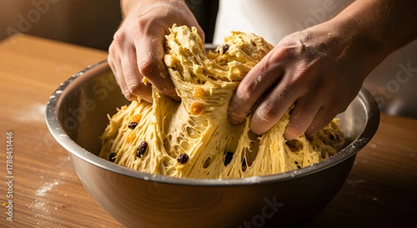 Obraz Hands kneading panettone dough — artisan bakery process, cozy ambient kitchen light.