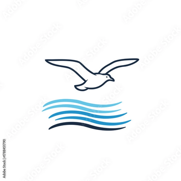 Fototapeta A simple line drawing of a seagull flying over stylized blue waves, isolated on a