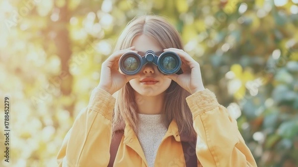 Fototapeta Young woman exploring nature with binoculars and a curious expression in a green forest