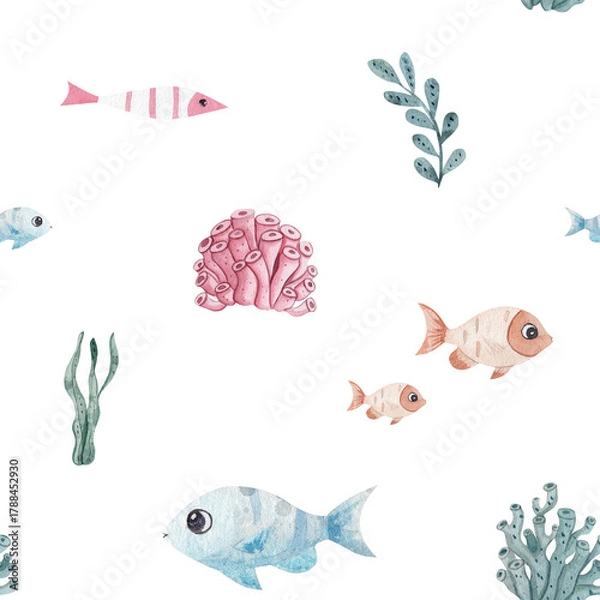 Obraz Seamless watercolor marine pattern with colorful fish, coral, and seaweed on white background. Perfect for kids textiles, wallpapers, wrapping paper, and summer designs. Hand drawn