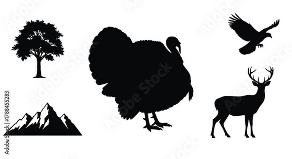 Obraz Silhouette collection featuring a turkey deer eagle tree and mountains