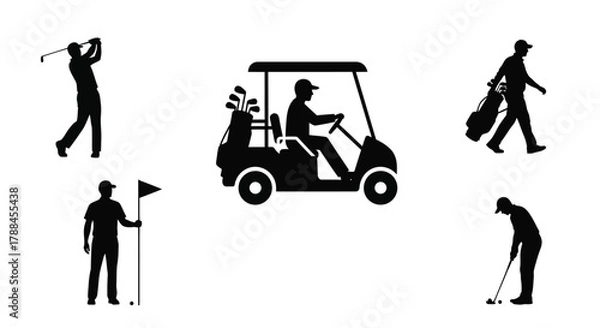 Obraz Silhouette icons depict a golfer golf cart caddie and course elements