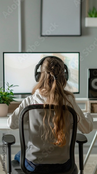 Fototapeta Teen girl using computer at home
Young female student working on computer