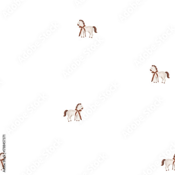 Fototapeta Seamless pattern with illustration horses and burgundy bow Birthday party. Repeat ornament with dark red ribbons bows and animals for Christmas or New years design. Minimalist background for textile.