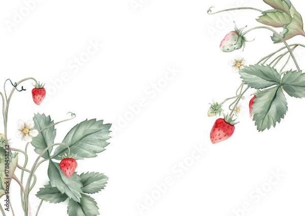 Fototapeta Wild strawberries rectangular Frame. Hand drawn watercolor illustration of Border with woodland strawberries and white flowers on white isolated background. Drawing for food label or cards design.