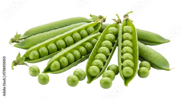 Fototapeta Fresh green peas in open pods isolated on white background vibrant color and natural texture symbolizing healthy organic vegetables
