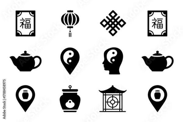 Fototapeta Elegant collection of traditional Chinese cultural icons for festive celebrations, symbolizing prosperity, harmony, and good fortune.