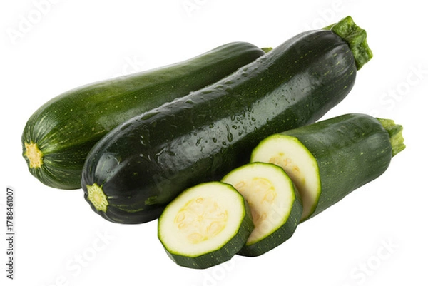 Fototapeta Fresh zucchini with water droplets, whole and sliced, perfect for healthy eating, cooking, and culinary projects, vibrant and ready to use