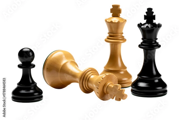 Fototapeta Chess pieces in strategic positions, highlighting victory, defeat, and the game's complexities in a dramatic visual display