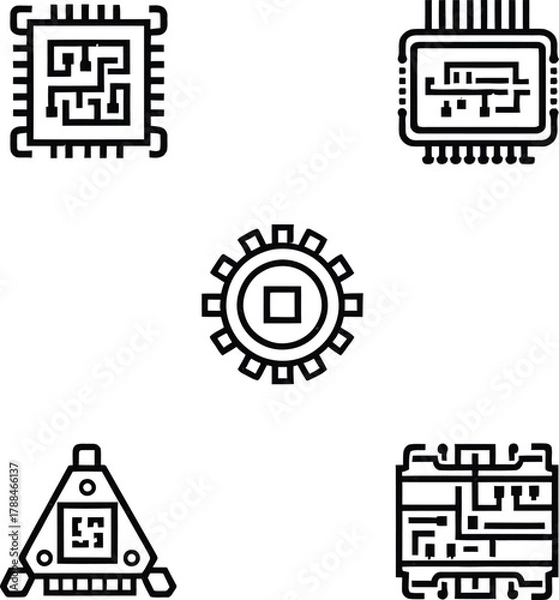 Fototapeta Vector icons set for sale featuring various QR code, barcode, and digital data symbols for business, mobile, and internet technology applications