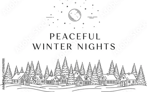 Fototapeta Minimalist winter village scene with trees and houses under a starry night sky