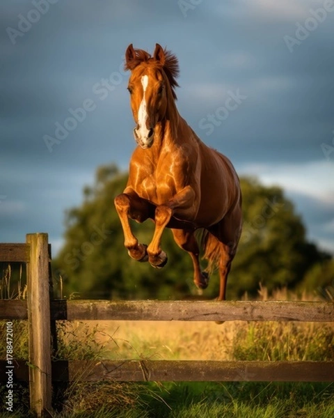 Obraz Horse leaps over wooden fence in evening sunlight