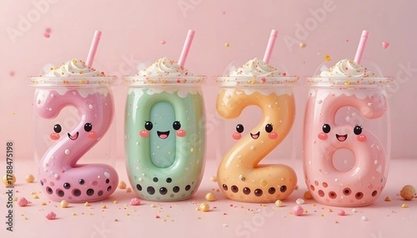 Obraz Adorable 2026 Bubble Tea Cups with Smiling Faces and Colorful Sprinkles – Cute Kawaii New Year Design. 2026 food