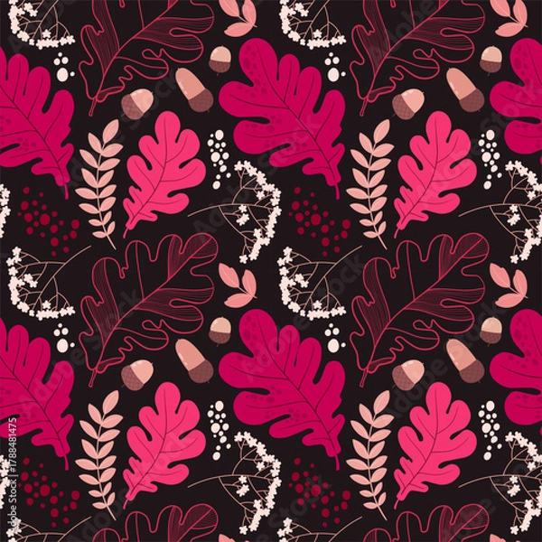 Fototapeta Seamless autumn pattern with oak leaves and acorns. Stylized botanical pattern with floral elements