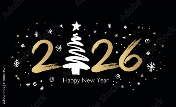 Fototapeta New Year 2026 card on black, postcard, hand drawn illustration.	
