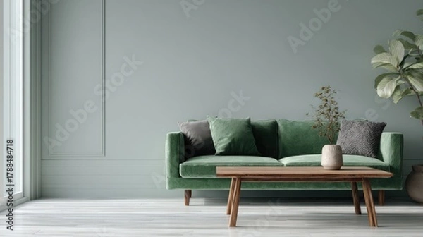 Fototapeta Modern interior with green sofa and wooden table against a pastel background